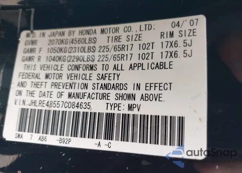 2007 Honda Cr-V Ex from USA, damaged, VIN JHLRE48557C084635